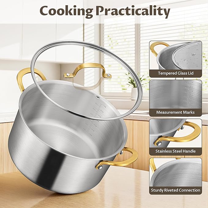 BEZIA 8 Quart 3-Ply Stainless Steel Stockpot, Soup Pot - Image 5