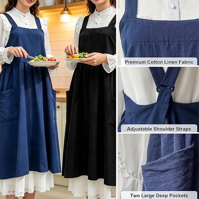 Uaussi Cotton Linen Apron Cross Back Work Apron - Image 2