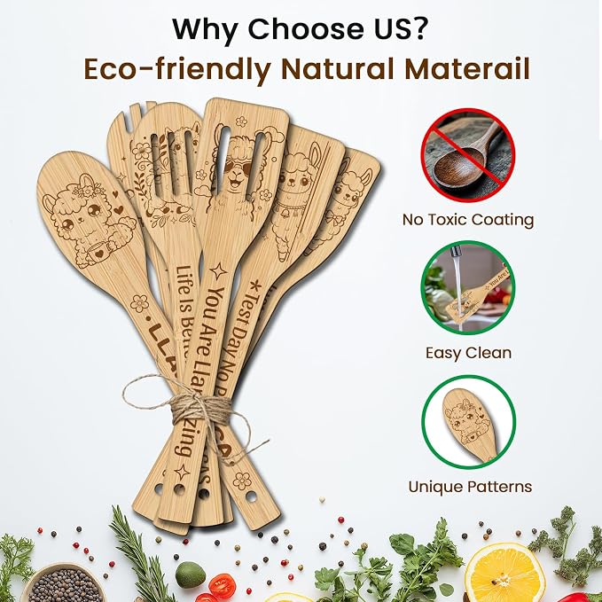 CUTHOLLOW 6PCS Alpacas Wooden Kitchen Cooking Utensil Set, 11.9in Non Toxic - Image 3