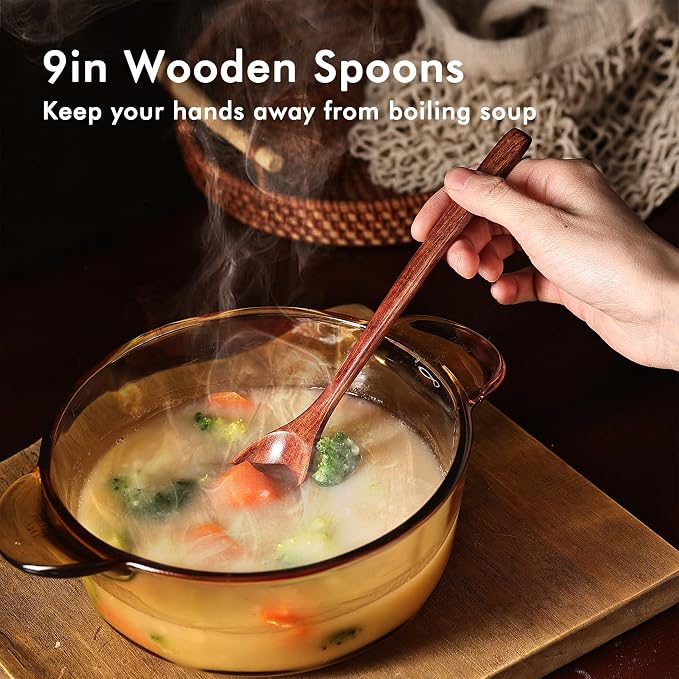 6pcs 9in Wooden Spoons, Soup Spoons Set, Long Handle Wooden Utensils - Image 3