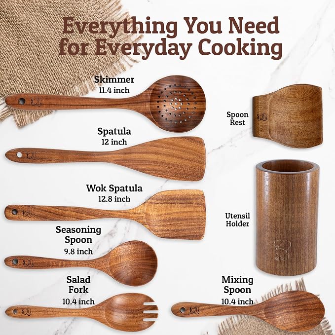 PriorityChef Wooden Spoons for Cooking, Premium 6pc Teak Wood Utensil Set - Image 3