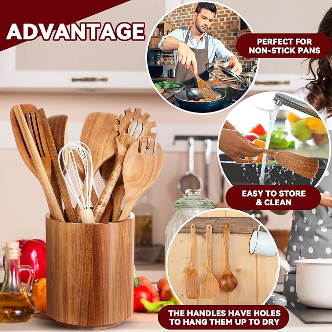 SiliFine 11 Pcs Wooden Kitchen Utensils Set - Image 4