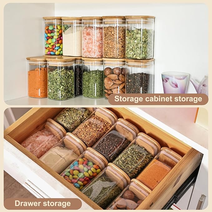 6oz Glass Spice Jars with Bamboo Lid and Label, 12 Pack Square Glass Container - Image 3