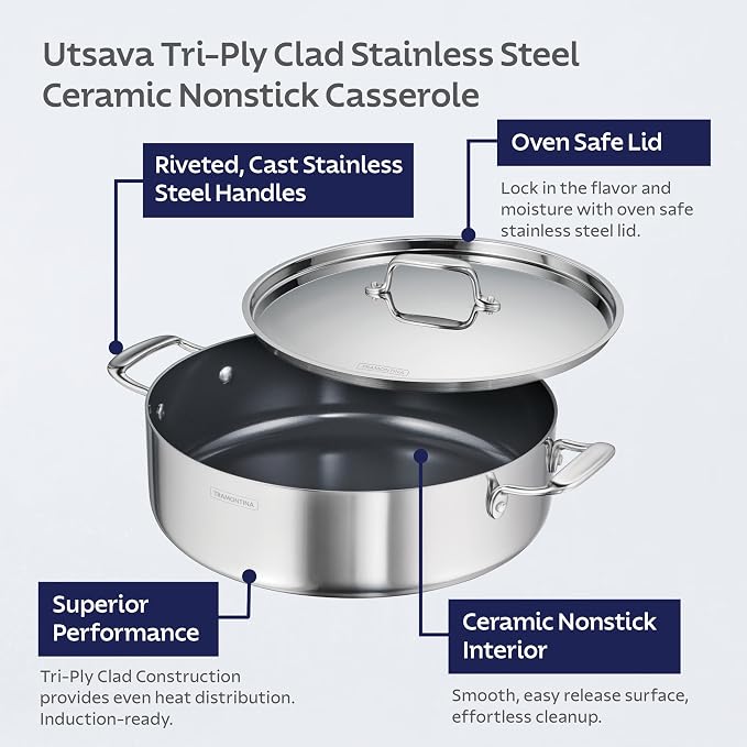 Tramontina Utsava Tri-Ply Clad Stainless Steel 6.5-Quart Casserole - Image 3