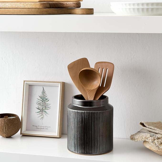 JIEMEI HOME Kitchen Utensil Holder, 6.77" Ceramic Farmhouse Stable Utensil Crock - Image 3