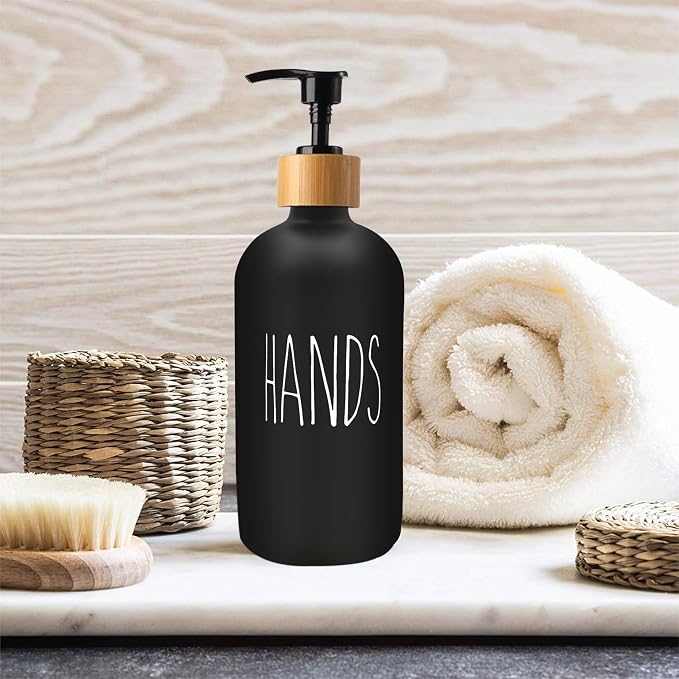 Sunrise Premium 16 OZ Thick Black Glass Soap Dispenser, Bamboo Pump - Image 5