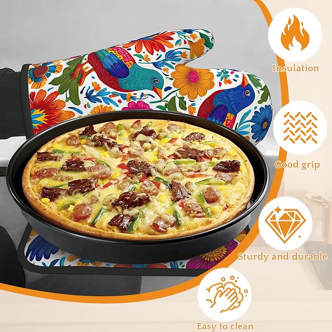 Colorful Bird Oven Mitts and Pot Holders, Flowers Mexican Style Heat Resistant - Image 4