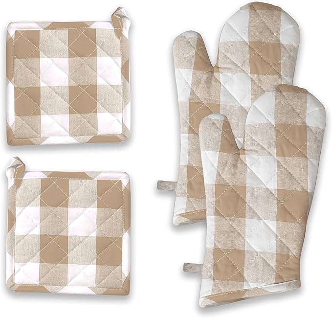 Buffalo Plaid Check Oven Mitts and Pot Holders Set, 100% Cotton, Heat Resistant by SoftopiaCotton