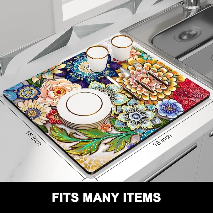 Rnivvi Dish Drying Mat for Kitchen Counter, 16 x 18" Cute Flower Theme - Image 3