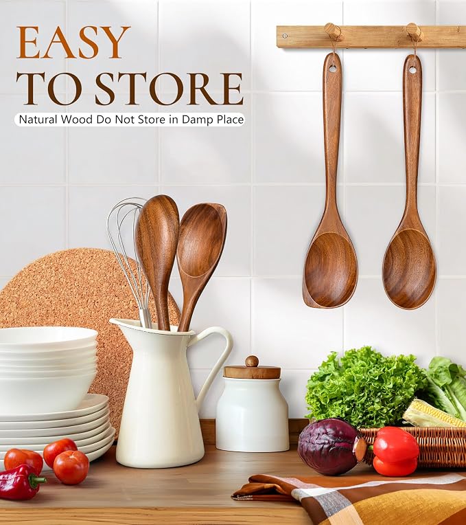 2Pcs Wooden Spoons for Cooking, Natural Premium Teak Wood Spoon & Corner Spoon - Image 6