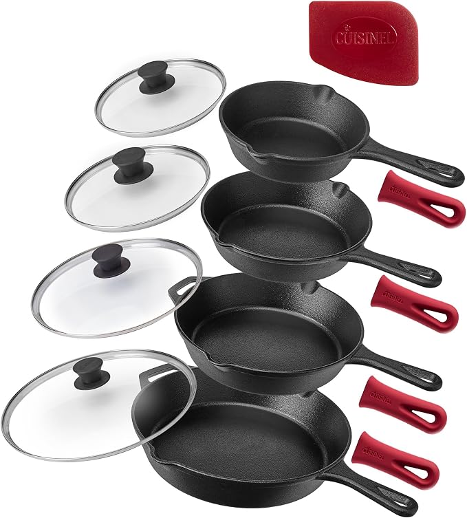 Cuisinel 6"+8"+10+12"-Inch Cast Iron Skillets Set + Glass Lids + Silicone by Cuisinel