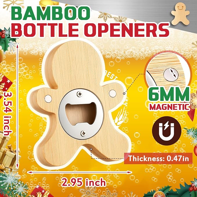 Vesici 12 Pcs Magnetic Bottle Opener 2.5in DIY Bamboo Gingerbread Man Shape - Image 3