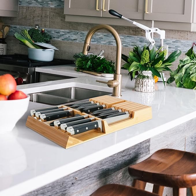 Utoplike in-Drawer Knife Block Bamboo Kitchen Knife Drawer Organizer, Handle - Image 6