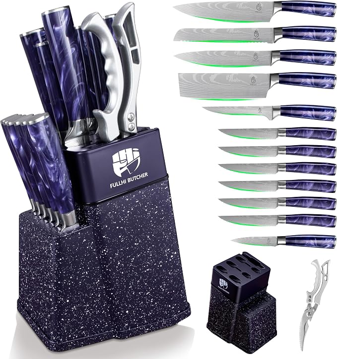 FULLHI 14pcs Block Knife Set, Chef's Knife Steak Knives Set by ExpertForPortableAndButcherKnifeSet