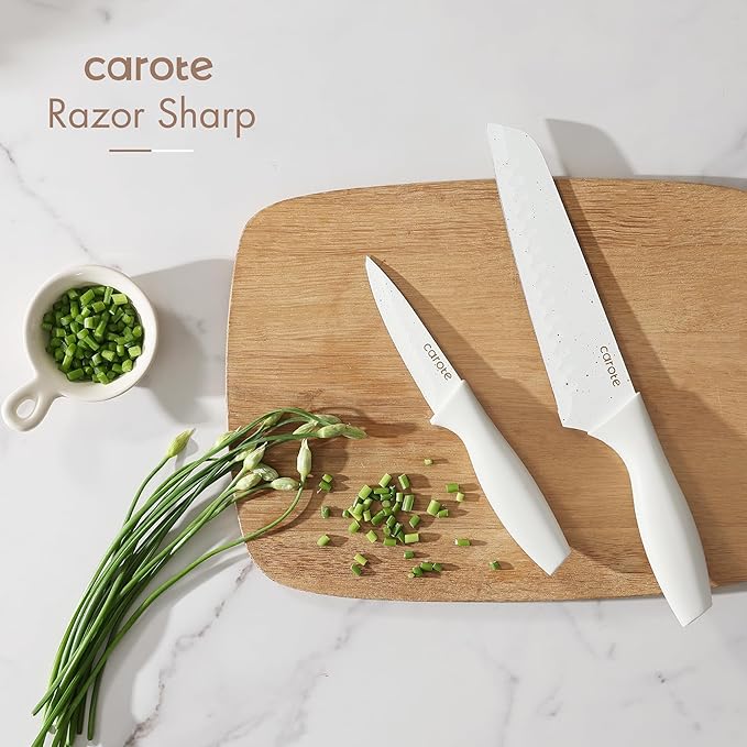CAROTE 15Piece Knife Set, Kitchen Knife Block Set, Elegant White Ceramic-Coated - Image 5