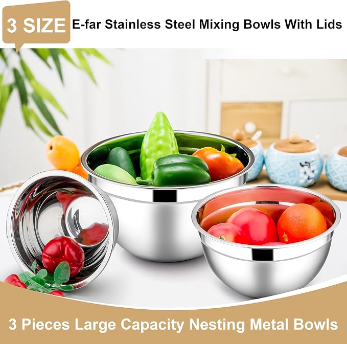 E-far Mixing Bowls with Lids, 6-Piece Stainless Steel Salad Bowls Metal Nesting - Image 3