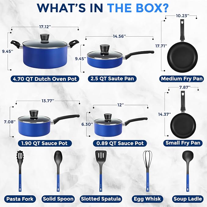 SereneLife 15-Pc Blue Nonstick Cookware Set, Heat-Resistant Pots & Pans Set - Image 3