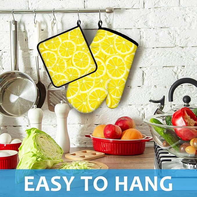 Watercolor Lemon Oven Mitts and Pot Holders Sets Heat Resistant 4Pcs Potholders - Image 4
