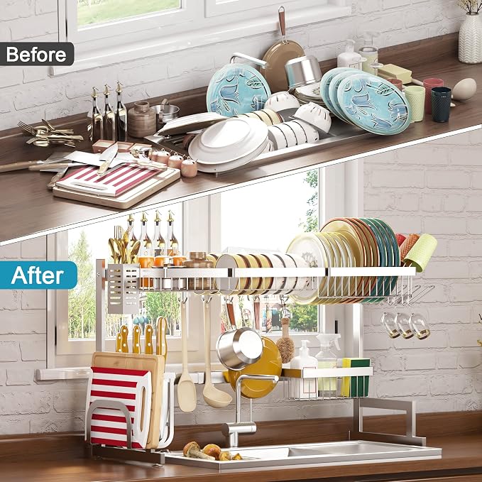 PUSDON Over Sink Dish Drying Rack Stainless Steel, Adjustable Large Dish Drainer - Image 2