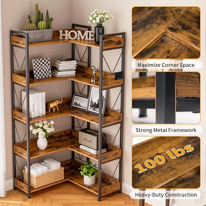 DUMOS 65 inch L Shaped Bookshelf, 5 Tier Corner Bookcase - Image 4