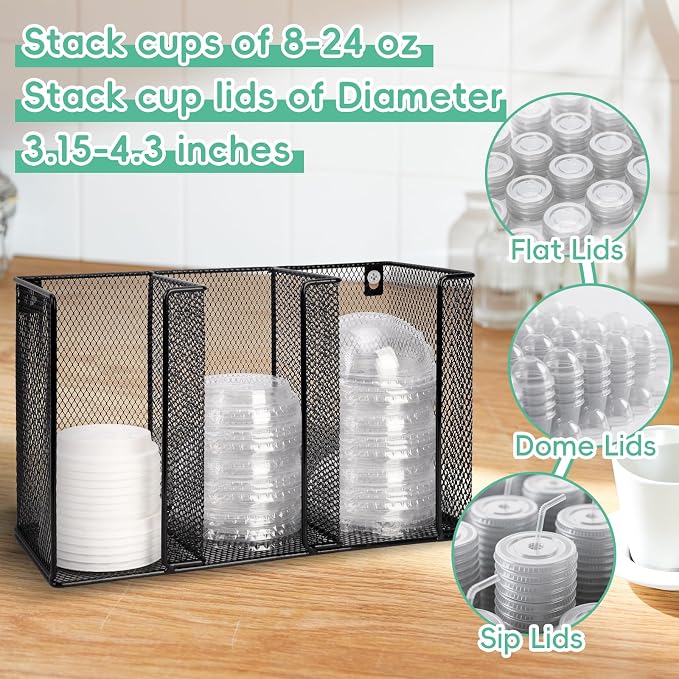 Wall Mount Coffee Cup Lid Holder Organizer 3 Compartments Coffee Cup Lid - Image 4