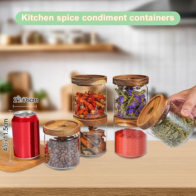 Small Glass Jars with Labels Spice Jar Round Storage Canister with Wooden Lid - Image 4