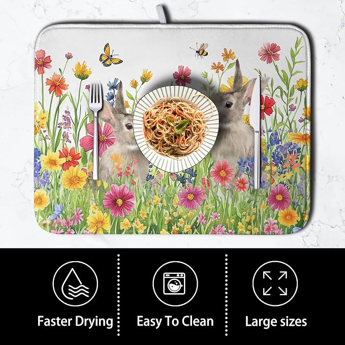 Easter Dish Drying Mat for Kitchen Counter Easter Bunny Flowers Dish Drying Pad - Image 4