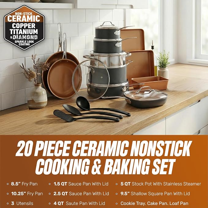GOTHAM STEEL 20 Pc Ceramic Cookware Set, Copper Pots and Pans Set Non Stick - Image 2