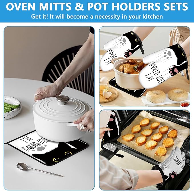 Funny Black Cat Oven Mitts and Pot Holders Sets Heat Resistant 4Pcs Potholders - Image 6