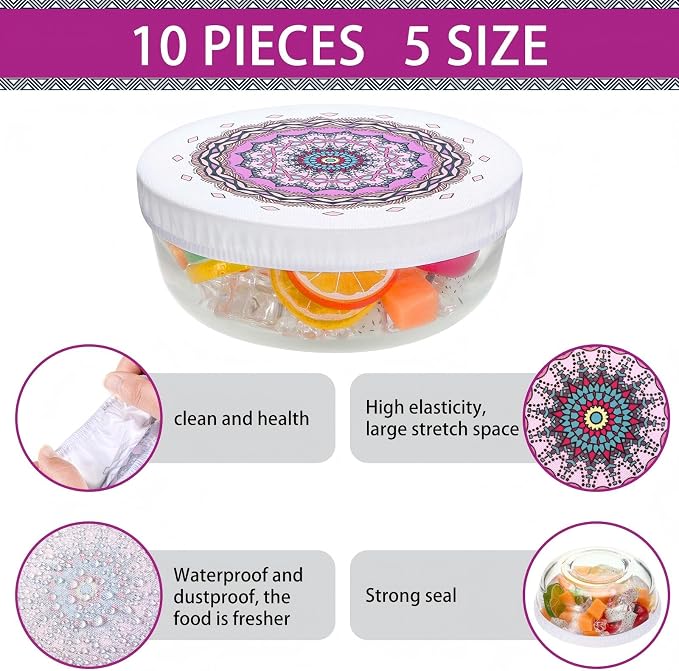 Patelai 10 Pcs Bowl Covers Reusable in 5 Size Stretch Cloth Fabric Elastic Food - Image 3