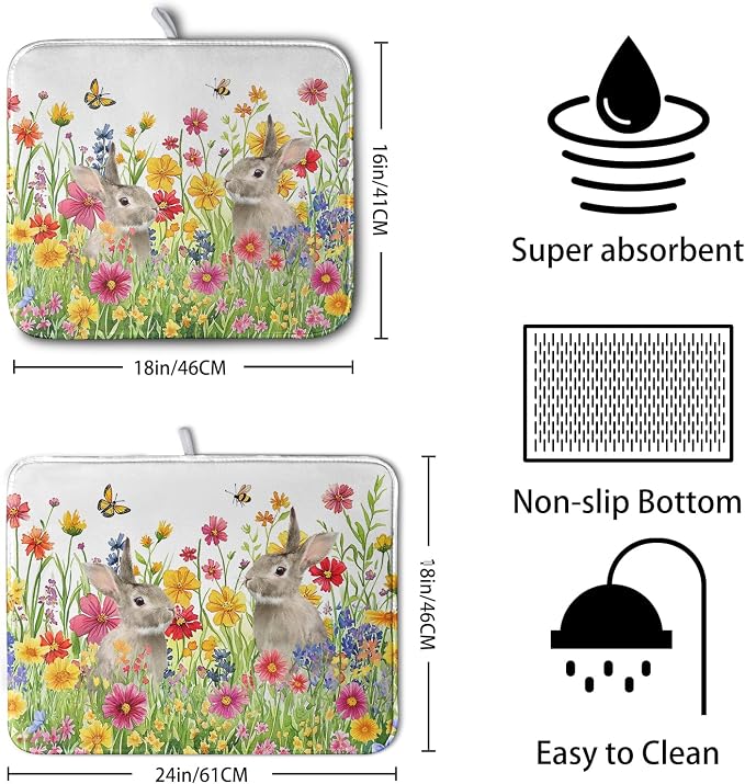 Easter Dish Drying Mat for Kitchen Counter Easter Bunny Flowers Dish Drying Pad - Image 2