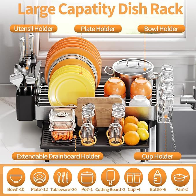 Urackify Dish Rack for Kitchen Counter, 304 Stainless Steel Dish Drying Rack - Image 3