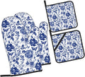 Blue and White Porcelain Floral Butterfly Oven Mitts and Pot Holders Set of 4 by Unknown