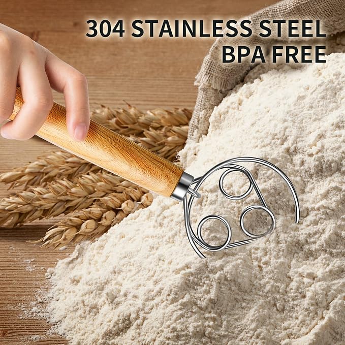 TEEVEA Danish Dough Whisk for Bread Sourdough, Wooden Handle & Stainless Steel - Image 3