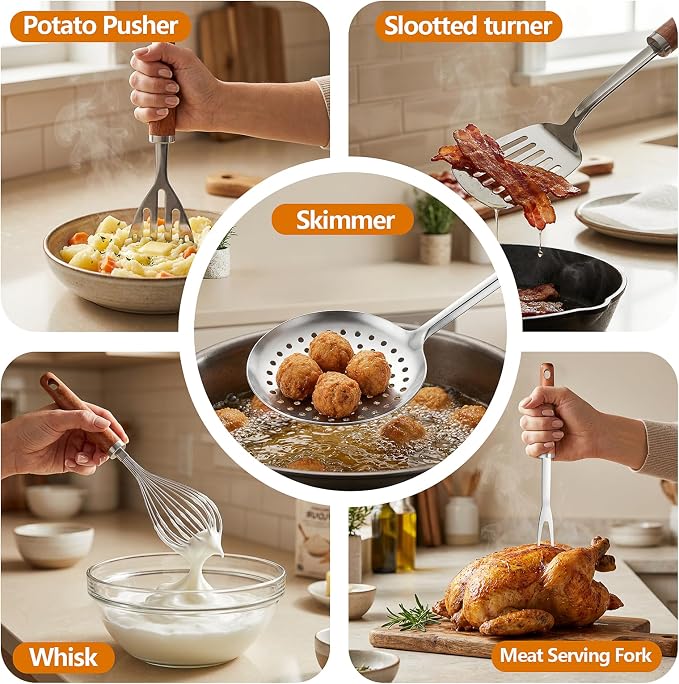 9PCS 18/8 Stainless Steel Kitchen Utensils Set, Heavy Duty Wooden Handle - Image 5