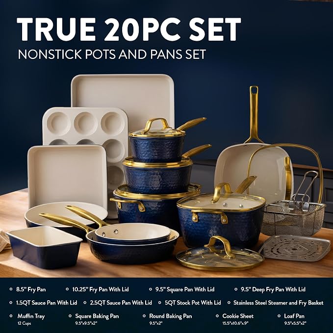 Gotham Steel Hammered 20Pcs Ceramic Cookware Set, Induction Pots and Pans Set - Image 2