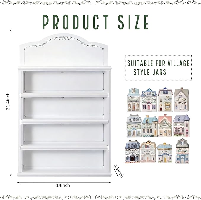 Chunful Vintage Spice Jar Wooden Rack Green White Vines Spice Shelf - Image 2