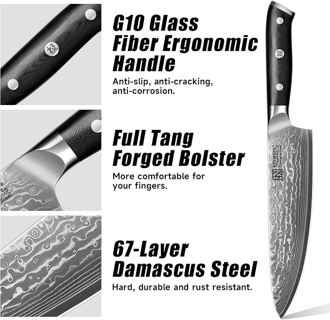 KEEMAKE Damascus Chef Knife, 8 Inch Kitchen Knife, 67 Layers Damascus Knife - Image 5