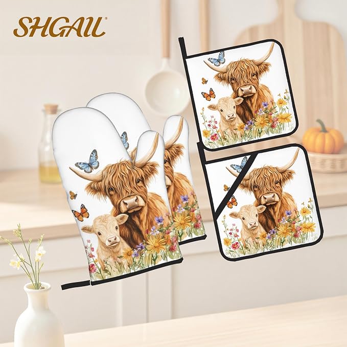 Highland Cow Flower Oven Mitts - Image 2