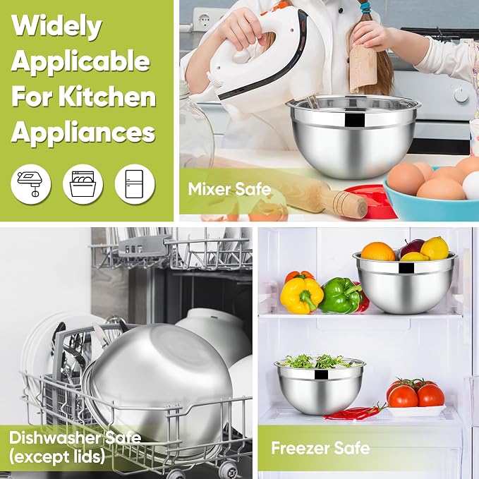 TeamFar Mixing Bowls, 4.5/3/1.5/1/0.7 QT, Stainless Steel Metal Nesting Salad - Image 7