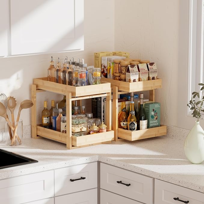 APRTAT 2 Pack Under Sink Organizer, Bamboo Wooden 2-Tier Pull-Out Storage - Image 2