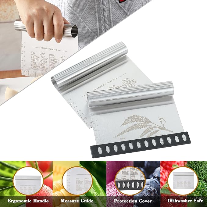 2PCS Dough Pastry Bench Cutter Scraper, OLULU Stainless Steel Kitchen Food - Image 3