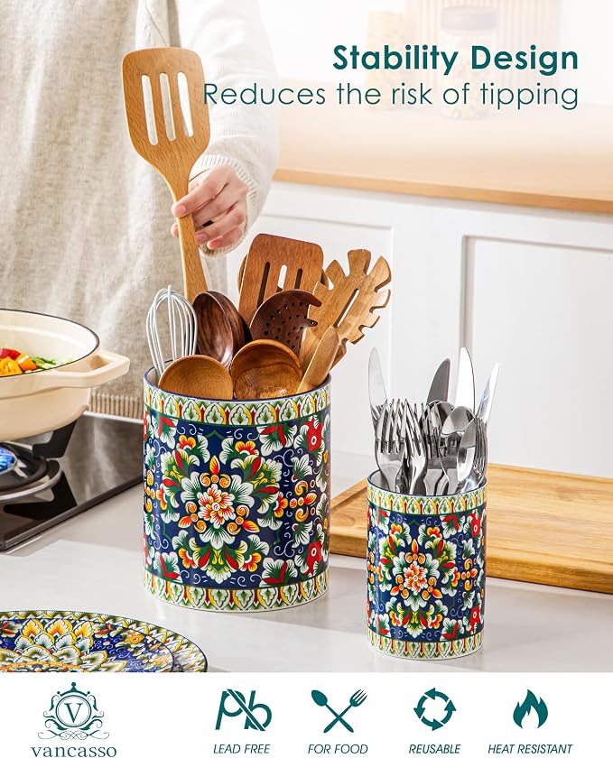 vancasso SIMI Utensil Holder, 7.3"+5.5" Porcelain Kitchen Utensil Holder - Image 3