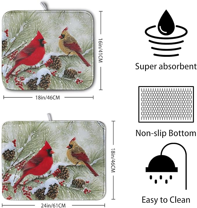 Winter Dish Drying Mat for Kitchen Counter 18x24 Inch Christmas Red Birds - Image 2