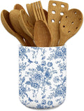 JarThenaAMCS Chinoiserie Floral Ceramic Utensil Holder Blue Flower Butterfly by JarThenaAMCS