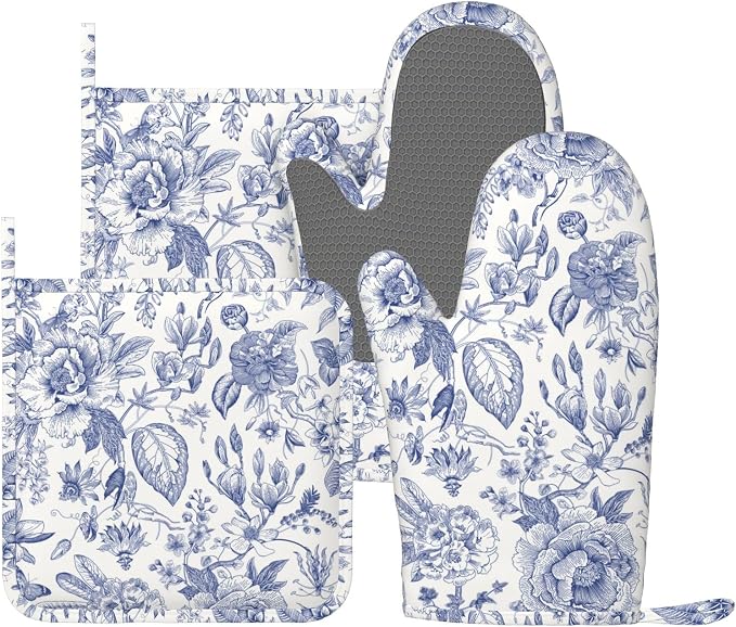 Vintage Flower Blue and White Leaves Oven Mitts and Pot Holders Sets of 4 by Echoserein