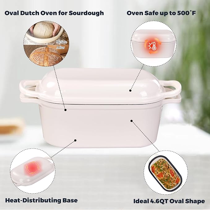 4.6 Quart Dutch Oven for Sourdough Bread Baking, Combo Oval Enameled Cast Iron - Image 5