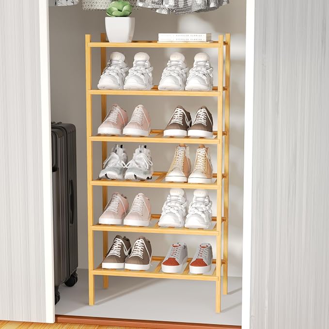 ROMGUAR CRAFT 6-Tier Bamboo Small Shoe Rack, Free Standing Wood Shoe Shelf - Image 6
