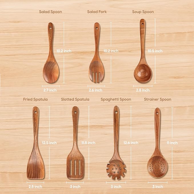 7 PCS Wooden Spoons for Cooking Natural Teak Kitchen Utensils Smooth Non-Stick - Image 6