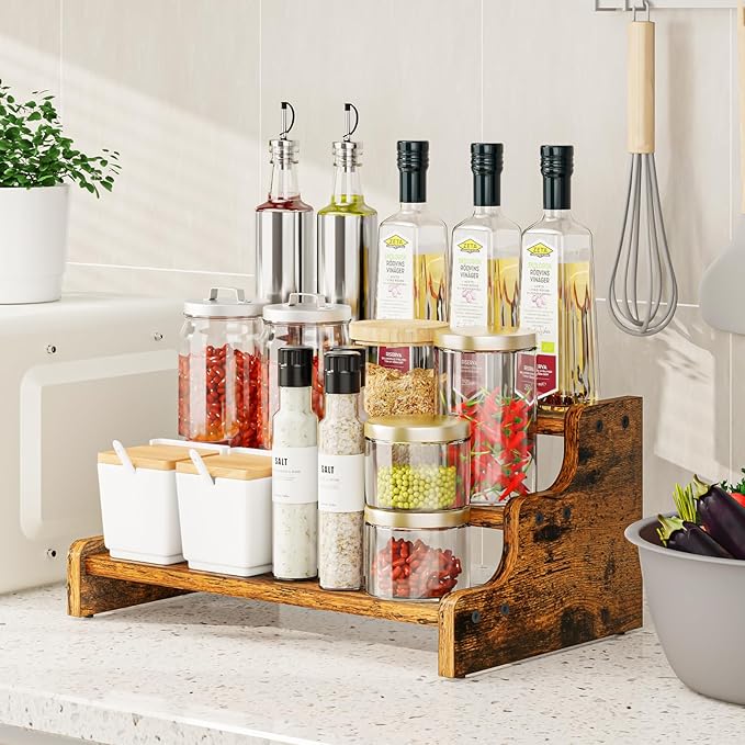 KLM 3-Tier Spice Rack, 13.8 Inch Wood Step Shelf Countertop Spice Storage Holder - Image 2